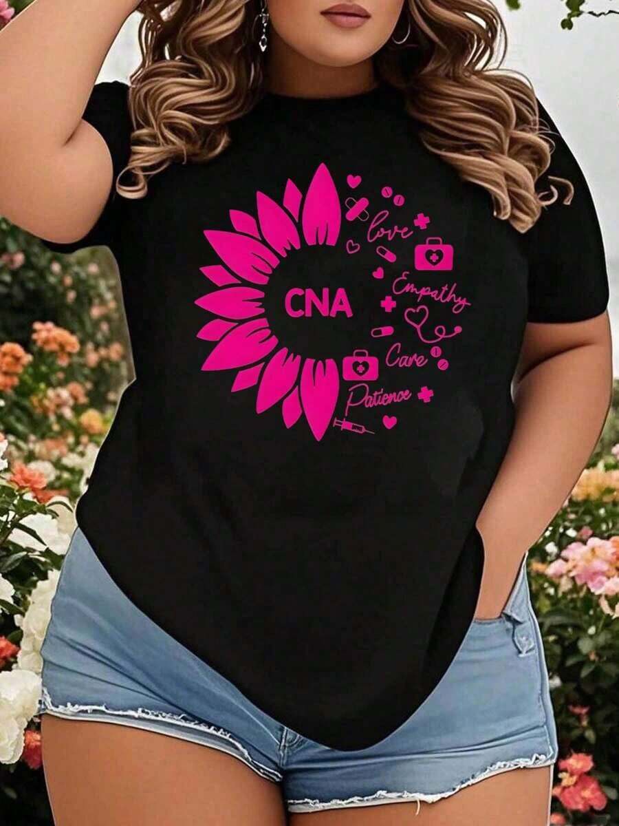 Sunflower Love Empathy Care Patience Nurse T-Shirt For Certified Nursing Assistant, Gift For Medical Worker, Plus Size T-Shirt For Women - 黑色 - 查看 1
