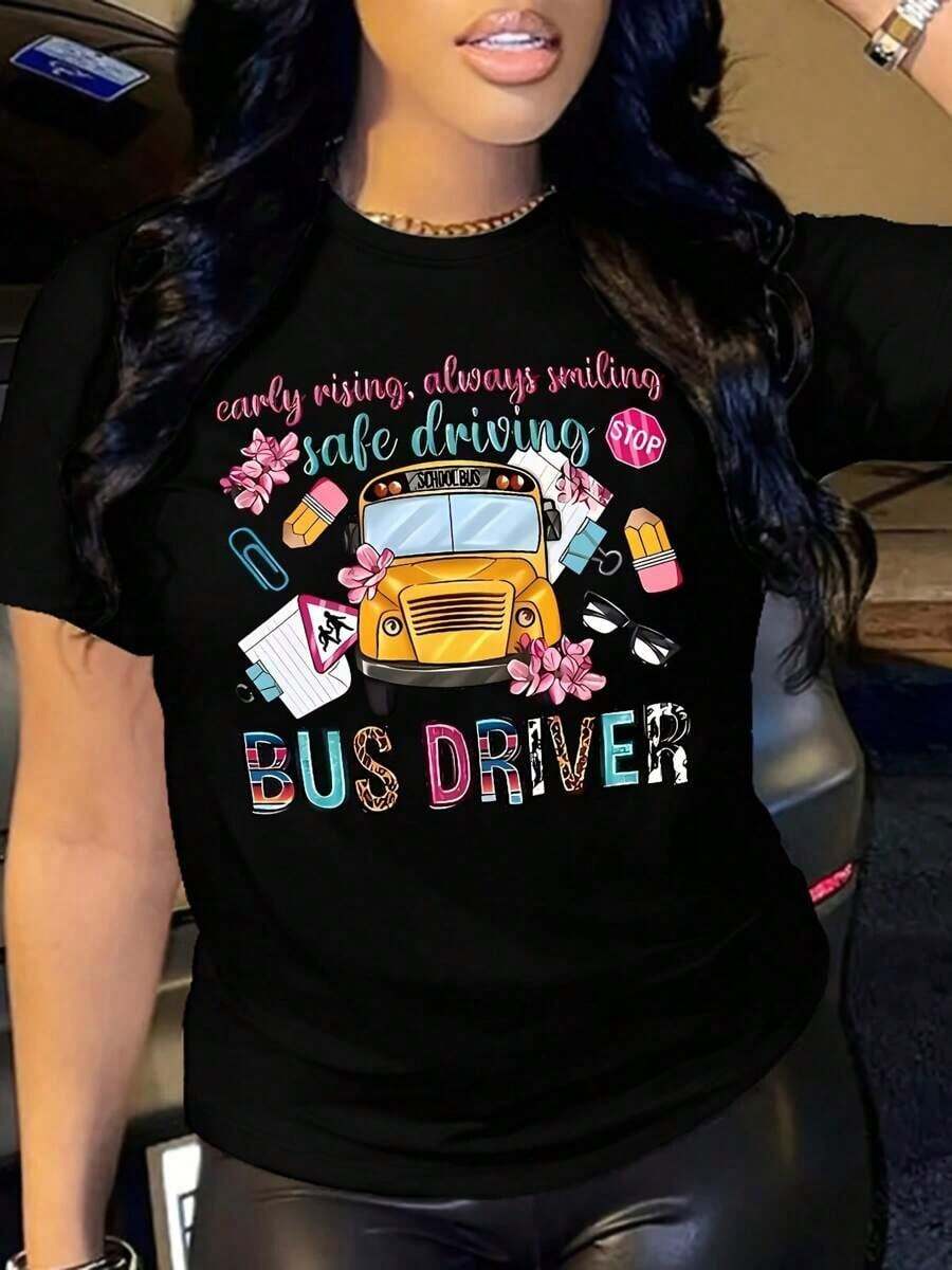 Short-Sleeved T-Shirt With Bus Print, Casual Round Neck Top For Spring And Summer, Women's Clothing, Round Neck, 100% Cotton, Soft Fabric, Short Sleeve. - 黑色 - 查看 1