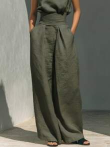 Linen Blend 2-Piece Outfit, Sleeveless High Neck Top & Wide Leg Pants With Waist Belt, Casual Summer Set - màu xanh lá - Xem 3