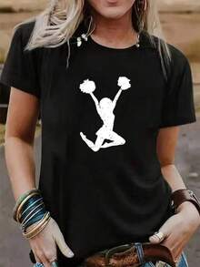 Unique And Modern T-Shirt With A Cheerful Figure Design Holding Up Pom-Poms In A Y2K Style, Perfect For Highlighting Your Personality On Any Occasion. Ideal For Lovers Of Fashion And Retro Style. Available In Various Sizes And Made From 100% Soft And Comfortable Cotton. Comfortable And Versatile For School, Work, Outings, And Casual Events. - 黑色 - 查看 6