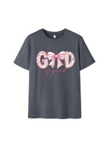 Camiseta de manga corta con cuello redondo y estampado de eslogan de oveja, nueva para el verano, de estilo simple.Color albaricoque.Moda versátil, adecuada para uso diario.Blusa casual para dama en color rosa. - Gris Oscuro - Ver 3