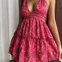 Vestido bohemio con estampado, escote halter con lazo y espalda descubierta, versátil para uso casual, vacaciones y diario, primavera/verano - Color caoba - Ver 8