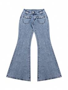 Calças jeans Y2K elásticas azuis de cintura baixa, skinny e bengala, femininas, sexy, vintage, elegantes, streetwear, bengala, férias, casual, calças bengala, verão 2026 casual - Azul Empoeirado - Ver 7