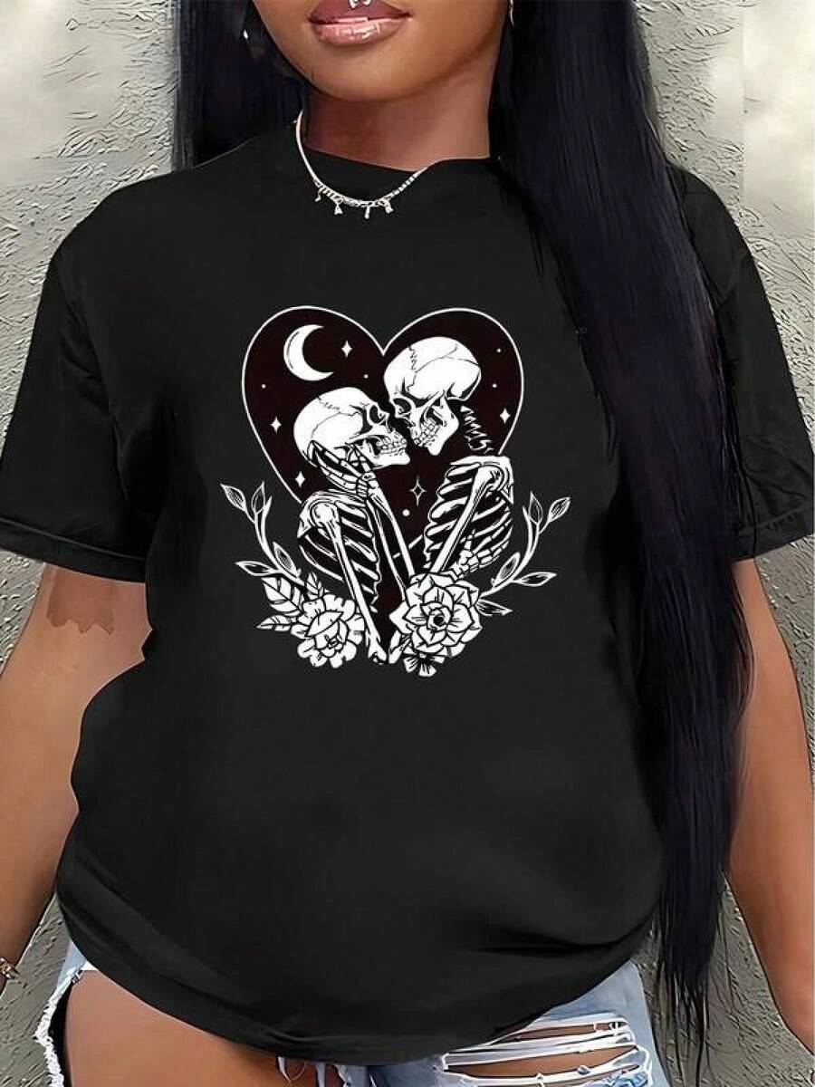 Camisetas Para Mujer AlgodónCamiseta única con diseño de calaveras enamoradas y flores en estilo y2k ideal para destacar tu originalidad y amor por la moda alternativa perfecta para cualquier ocasión casual en México mundial 2026 - Negro - Ver 1