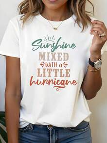 Edición limitada: Camiseta de mujer de talla con estampado de personaje divertido y fuente degradada con el texto Sunshine MIXED WITH a LITTLE, cuello redondo, estilo casual, para primavera/verano, para uso diario, compras y fiestas. Algodón ligero. - Blanco - Ver 7