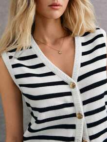 Cárdigan sin mangas casual de invierno para mujer con estampado de rayas, un esencial de estilo chic effortless - Blanco y Negro - Ver 2