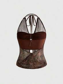 Hippie Camiseta sin espalda con cuello en V profundo, estilo vintage y holgado, para mujer (incluye forro de top tubo) - Marrón - Ver 2