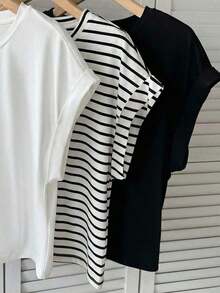 Set de 3 camisetas casuales de mujer de cuello redondo y hombros caídos, en blanco y negro + rayas blancas y negras, adecuadas para primavera y verano - Multicolor 4 - Ver 3