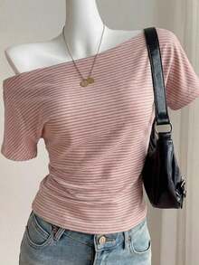 Camiseta de punto a rayas con hombros descubiertos para mujer - Rosa 2 - Ver 7
