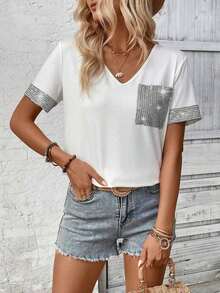 LUNE Camiseta de mujer casual de manga corta con cuello en V, parches y lentejuelas - Blanco - Ver 4
