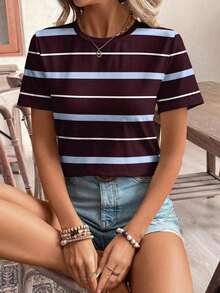 Camiseta de manga corta holgada con cuello redondo, estilo asimétrico a rayas, minimalista y casual, para mujer.Versátil y adecuada para primavera/verano y temporada deportiva - Multicolor 2 - Ver 4