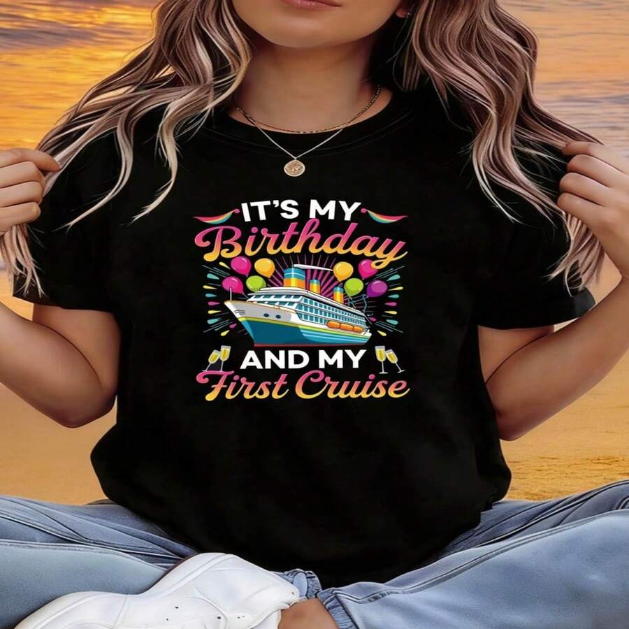 Camiseta informal de algodón para mujer, ideal para cumpleaños, con estampado gráfico, manga corta y cuello redondo. Top de corte regular y gran elasticidad. - Negro - Ver 1