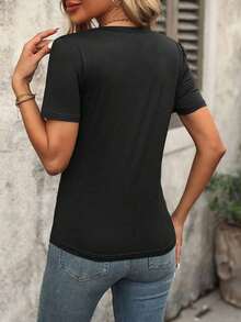 Camiseta de manga corta de cuello en V de unicolor casual de verano - Negro - Ver 2