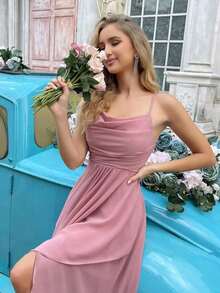 Vestido formal elegante y minimalista para mujer, vestido de dama de honor de verano, adecuado para bodas, invitados, galas, eventos formales, fiestas de compromiso, bodas de jardín - Vestido largo de dama de honor con cuello drapeado, bajo asimétrico y tirantes, unicolor, primavera - Rosa - Ver 6