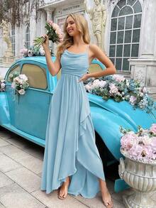 Vestido formal elegante y minimalista para mujer, vestido de dama de honor de verano, adecuado para bodas, invitados, galas, eventos formales, fiestas de compromiso, bodas de jardín - Vestido largo de dama de honor con cuello drapeado, bajo asimétrico y tirantes, unicolor, primavera - Celeste - Ver 9