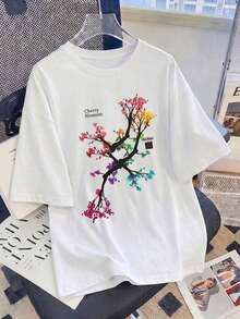 Camiseta de manga corta ligera, cómoda y suave, ajustada para uso diario, con estampado floral de sakura colorido en estilo callejero estético, blusa de verano casualSuitable for spring, summer and autumn - Blanco - Ver 7