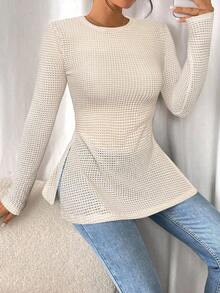 Frenchy Camiseta de manga larga a rayas de estilo informal para mujer con bajo con abertura, para primavera y otoño - Albaricoque - Ver 5
