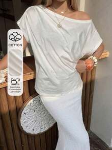 Camiseta de manga corta ajustada con hombros descubiertos y fruncidos a rayas para mujeres - Blanco 3 - Ver 10