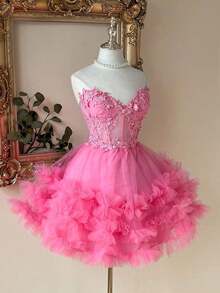 Elegante y lujoso vestido corto hecho a mano con aplicaciones bordadas, encaje de ganchillo y parches de satén, con abertura en la cintura, adecuado para citas, fiestas de solteros, galas, bailes, Día de San Valentín - Rosa - Ver 5