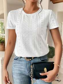 Camiseta blanca de cuello redondo con bordado de ojales, minimalista para ir a la oficina, estilo antiguo y sencillo - Blanco - Ver 6