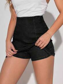 Tall Falda pantalón de mezclilla casual y de uso diario con abertura lateral, para verano - Negro - Ver 2