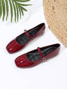 French Square Toe Mary Jane Shoes, Versatile - Burgundy - View 2