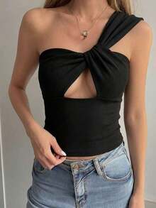 Camiseta sin mangas ajustada con tiras cruzadas huecas, estilo sexy y casual para mujer, Y2K - Caqui 2 - Ver 5