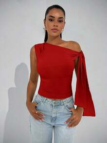 Elegante blusa de mujer con hombros asimétricos y cuello con lazo, adecuada para citas casuales, fiestas nocturnas, uso diario, otoño - Rojo - Ver 4