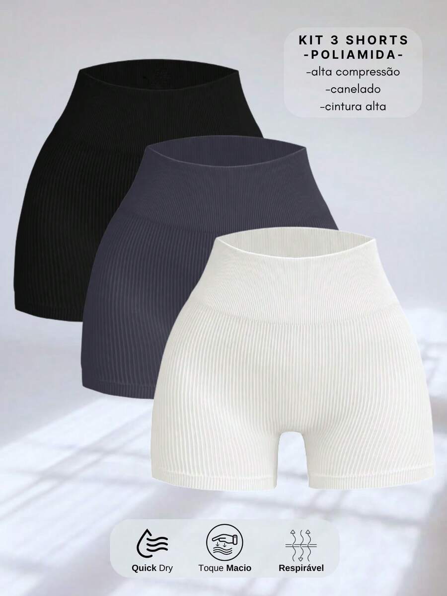SET OF 3 SEAMLESS RIBBED SHORTS – HIGH COMPRESSION - 黑色/灰色/暗色 - 查看 1