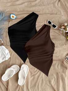 2 piezas de blusas de verano para mujer con dobladillo asimétrico y tirantes, color negro y rojo, adecuado para el verano - Multicolor 2 - Ver 3