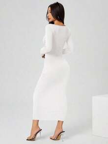 Vestido largo de manga larga con cuello cuadrado color negro sólido ajustado, vestido elegante de manga larga para mujer con cuello cuadrado, ajuste ceñido, manga recta, liso, para uso diario casual en primavera/otoño - Blanco - Ver 2