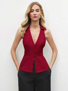Blusa sin mangas de cuello blanco para mujer, de estilo urbano moderno y elegante, versátil para uso diario, con un toque retro de los 90.Adecuada para Navidad, Año Nuevo, San Valentín, fiestas, playa, graduación, moda, festivales, vacaciones, in - Rojo - Ver 2