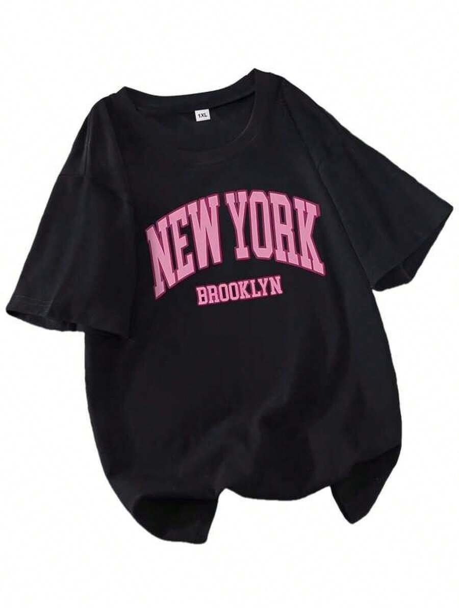 1 Pieza Camiseta Unisex Holgada 180g 100% Algodón Puro, Camiseta unisex Y2K con diseño de Nueva York en rosa vibrante estilo urbano moderna ideal para cualquier ocasión destaca tu personalidad única y original en este verano 2023 combina comodidad y estilo en una sola prenda para los amantes de la moda y el streetwear.ideal para uso diario, festivales, conciertos y todas las estaciones - Negro - Ver 1