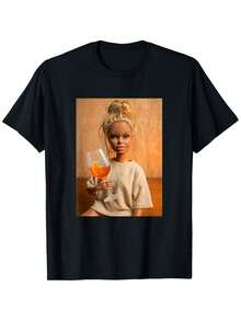 Funny T-Shirt With Disgusting Expression Doll Meme And Orange Spritz Cocktail | Casual Loose Fit, Crew Neck, Slightly Stretchy Fabric, Holiday Wear, Slogan Print. - 如圖所示 - 查看 7