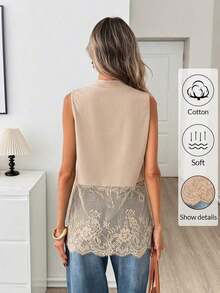 Top de mujer sin mangas de cuello redondo con dobladillo de encaje, primavera/verano - Camel - Ver 4