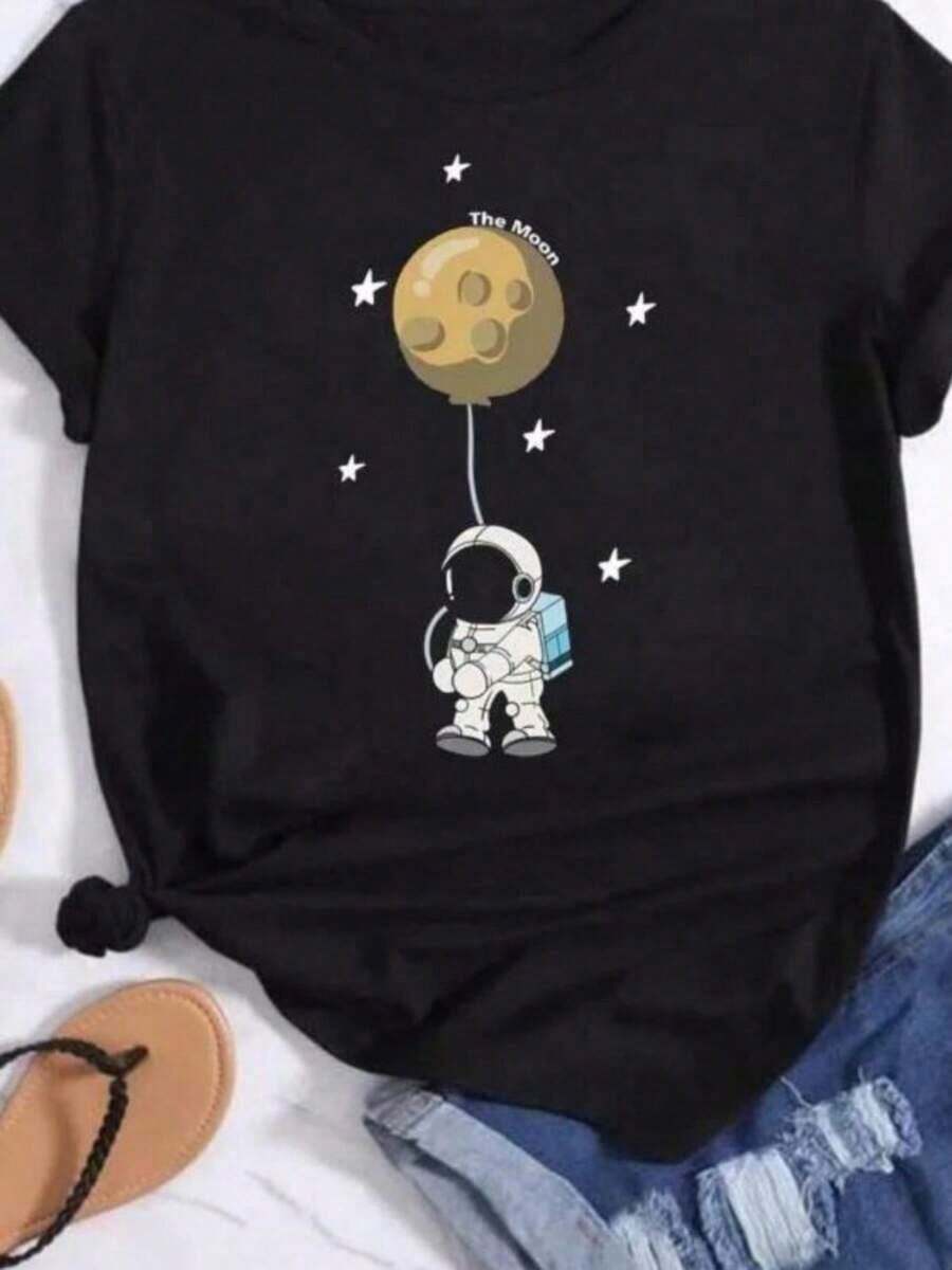 Printed T-Shirts For Women, Oversized Urban Style Tops, Comfortable And Stylish Summer T-Shirts That Go With Everything. Fun Star And Dog Paw Print T-Shirts For Women, Fashionable Ladies' Clothing, Short-Sleeved Cartoon Clothing, Spring And Summer Graphic T-Shirts For Women. - 黑色 - 查看 1