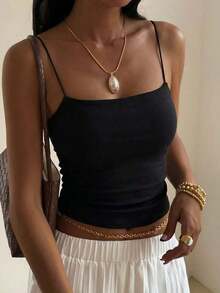 Top camisola ajustado y plisado de unicolor minimalista para uso casual y diario, verano - Negro - Ver 2