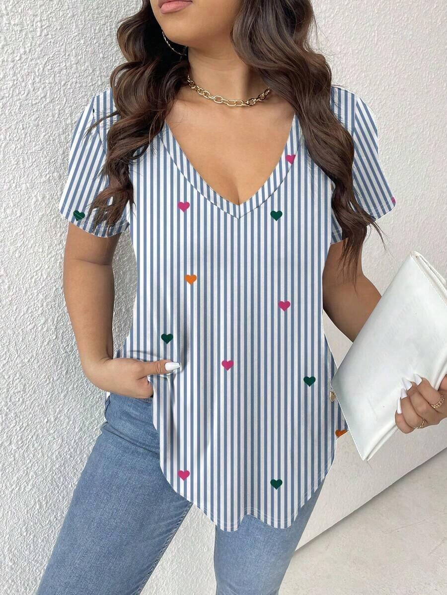 Camiseta de mujer de talla grande con cuello en V y estampado - Multicolor 5 - Ver 1