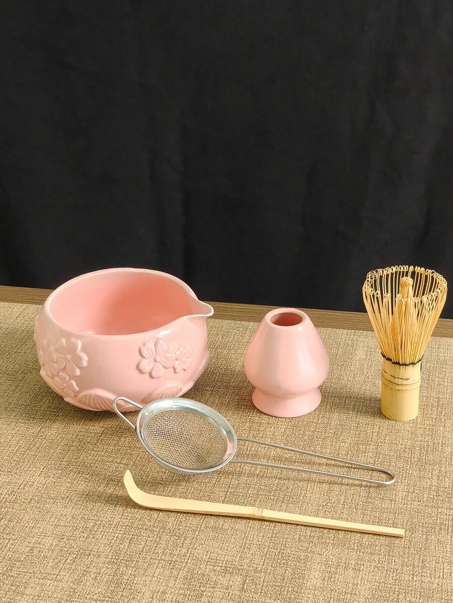 1 Stück/2 Stücke/4 Stücke/5 Stücke Japanischer Stil Geprägte Sakura Keramik Matcha Tee Set, hochwertige rosa Gießschale, Matcha Zubehör Set beinhaltet Schale, Quirl, Löffel, Sieb, geeignet für Matcha-Liebhaber und Anfänger, tolles Geschenk zum Muttertag, für Ältere, Valentinstag