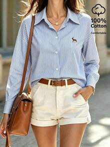 Camisa casual de manga larga con botones, cuello polo y estampado de rayas bordado - Azul 2 - Ver 8
