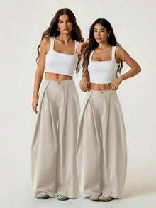 Pantalones anchos de verano con dobladillo curvo verde, estilo vintage, casual y para salir - Beis - Ver 5