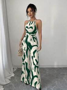 Mono de tela estampada con envolvente frontal para mujer, diseño que define la cintura para usar en ocasiones elegantes, ya sea de fiesta o diario - Verde - Ver 5
