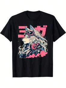 Unisex Gothic Grunge T-Shirt With Anime-Style Furry Wolf Print, Black With Pink And Blue Highlights, Soft, Breathable, Regular Fit, Short Sleeve, For Everyday Wear, Halloween Or Christmas Gift, For All Seasons. - 黑色 - 查看 1