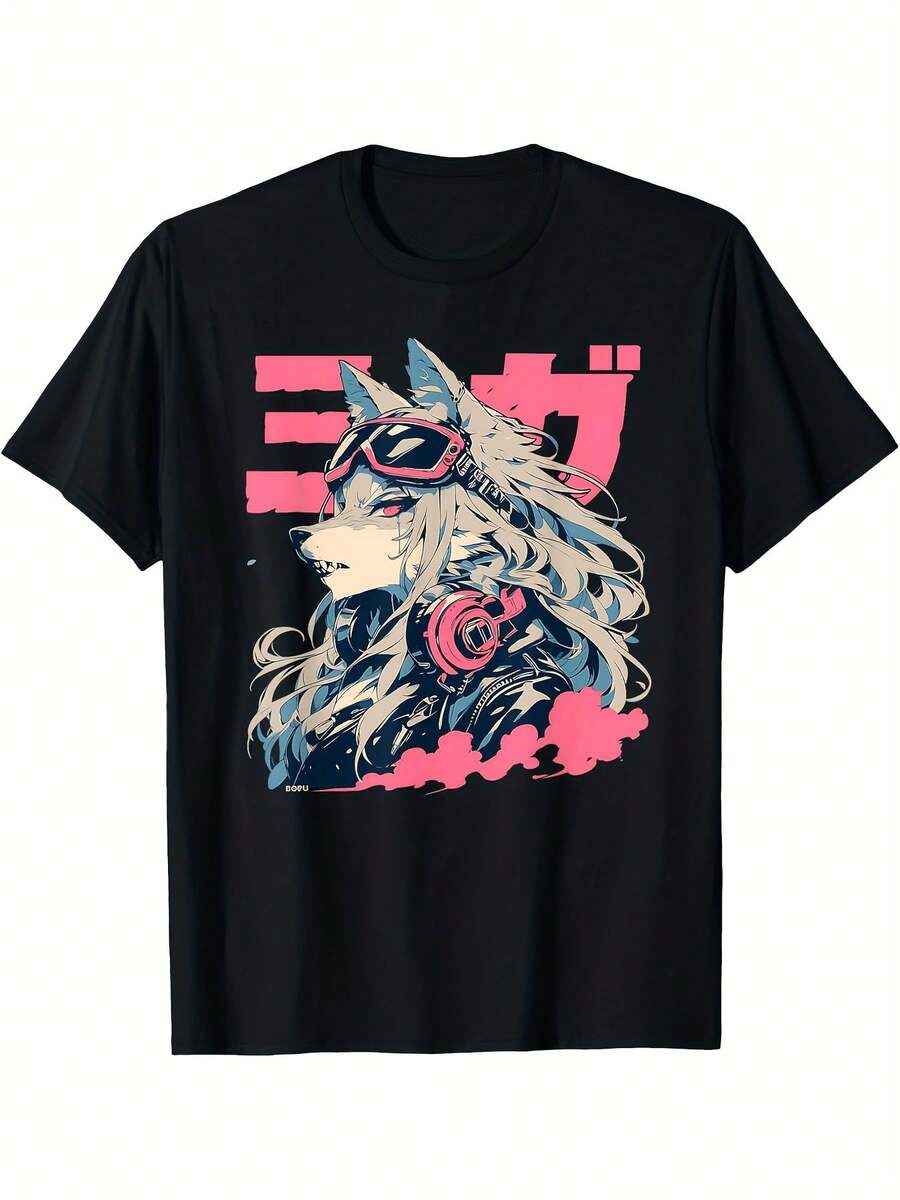 Unisex Gothic Grunge T-Shirt With Anime-Style Furry Wolf Print, Black With Pink And Blue Highlights, Soft, Breathable, Regular Fit, Short Sleeve, For Everyday Wear, Halloween Or Christmas Gift, For All Seasons. - 黑色 - 查看 1