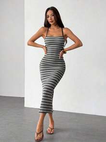 Vestido casual de vacaciones con tirantes finos para mujer - Blanco y Negro - Ver 7