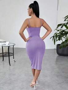 Vestido ajustado unicolor tejido de canalé - Morado - Ver 2