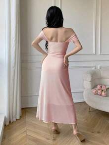 YHHCelisse Vestido elegante ajustado con hombros descubiertos y drapeado de unicolorYHH - Rosa - Ver 2