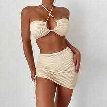 Solid Color New Halter Neck Sexy Swimsuit Three-Piece Set With Skirt And Separate Bikini - Milky - View 6