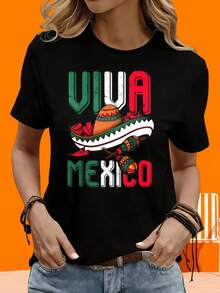 GraphicLadies Short-Sleeved T-Shirt For Outdoor And At-Home Leisure, 220g, Featuring A Sombrero And Maracas Design With "Viva México" For Women. Celebrate Mexican Culture And Festivals In Style. A Great Gift T-Shirt For Parties And Outdoor Vacations. - 黑色 - 查看 6