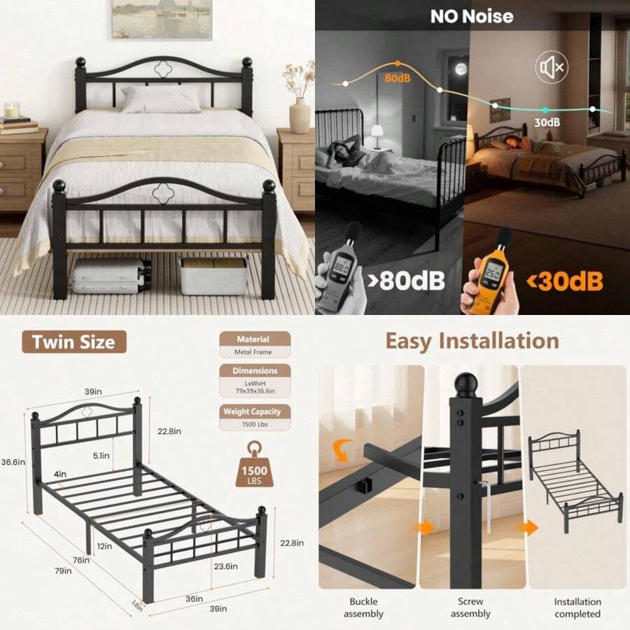 Marco de cama de metal de 1500 libras plataforma de metal sin chirridos con cabecero almacenamiento debajo de la cama de 12 pulgadas montaje sin herramientas de 30 minutos no - Individual - Ver 1